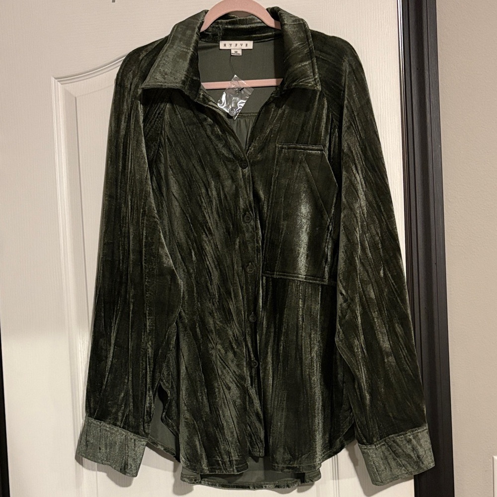 HYFVE Women's Olive Velvet Button Down Shirt